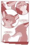 2017 akiric anthro canid canine comic dialogue disney duo english_text eye_contact female fox judy_hopps lagomorph leporid looking_at_another male mammal monochrome nick_wilde nude rabbit red_fox red_theme smile speech_bubble text true_fox zootopia