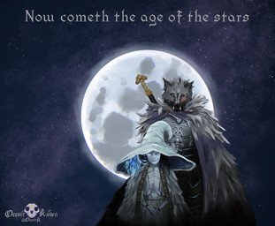 4_arms anthro armor big_hat blue_body blue_eyes blue_skin cloak clothing cracked_skin doll female group male melee_weapon moon multi_arm multi_limb purple_eyes sky star starry_sky sword text weapon occvlt_kitten elden_ring fromsoftware blaidd_(elden_ring) ranni_the_witch animate_inanimate canid canine canis living_doll mammal spirit wolf absurd_res english_text hi_res huge_filesize