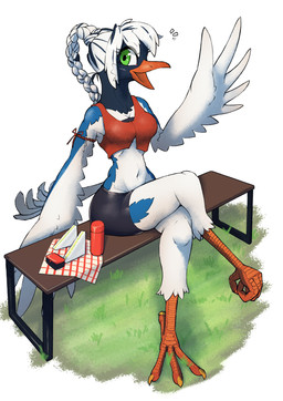 anthro armband beak bench black_body black_feathers blue_body blue_feathers bottomwear bra braided_hair braided_ponytail breasts cheek_tuft claws clothed clothed_female clothing crop_top crossed_legs facial_tuft feathers feet female food fully_clothed gesture grass green_eyes hair medium_breasts midriff neck_tuft on_bench open_beak open_mouth orange_beak plant ponytail shirt shorts simple_background sitting sitting_on_bench small_waist smile solo stripes tail tail_feathers talons toe_claws toes topwear tuft underwear waving waving_at_viewer white_body white_feathers wings sat_v12 cissa_(idorrth) avian bird corvid magpie_(corvid) oscine passerine digital_media_(artwork) full-length_portrait hi_res portrait