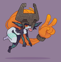 armor big_butt black_body blue_body breasts butt female floating gesture glowing glowing_markings grey_background hair hair_hand hand_gesture headgear helmet humanoid_pointy_ears long_hair looking_at_viewer markings narrowed_eyes not_furry orange_eyes orange_hair pointy_ears simple_background small_breasts smile smirk solo thick_thighs tongue tongue_out v_sign white_body wide_hips yellow_sclera verdantmosu nintendo the_legend_of_zelda twilight_princess midna humanoid imp twili 2026 digital_drawing_(artwork) digital_media_(artwork) hi_res