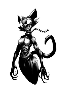 anthro bone breasts chained_collar claws creepy_smile exposed_bone exposed_rib_cage female gore guts horror_(theme) intestines liver looking_at_viewer medium_breasts nude nude_anthro nude_female organs rib_bones simple_background skinless smile solo stomach teeth white_background gatonejo domestic_cat felid feline felis flesh_creature mammal absurd_res hi_res monochrome