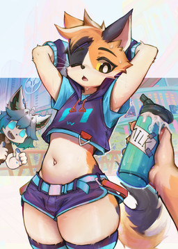 ambiguous_gender anthro athletic athletic_anthro athletic_male bangs belt beverage big_eyes bodily_fluids border bottle bottomwear building bulge city claws clothed clothing container crop_top cum cum_in_bottle cum_in_container curvy_figure dolphin_shorts eyebrows femboy fur genital_fluids gesture group hair hand_gesture hands_behind_head holding_beverage holding_bottle holding_container holding_object hood hotpants kemono legwear looking_at_another male midriff navel offering_beverage one_eye_closed open_mouth open_smile outside shirt shorts smile solo_focus standing stretching sweat tape text thick_thighs thigh_highs thumbs_up topwear trio tuft whiskers white_border echowocha echo_(echowocha) ambiguous_species canid canine domestic_cat felid feline felis fox mammal 2025 absurd_res english_text hi_res