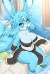 3_toes 4_fingers anthro aquamarine_(gem) big_breasts blush breasts claws cleavage clothed clothing cute_fangs fangs feet female female_anthro finger_claws fingers forehead_gem fur gem hair high-angle_view kemono looking_at_viewer midriff multi_tail navel open_mouth partially_submerged pawpads paws short_stack sitting solo tail teeth thick_thighs toe_claws toes tongue water wide_hips horokusa0519 mythology hybrid lagomorph leporid mammal mythological_carbuncle mythological_creature rabbit 2023 digital_media_(artwork) hi_res translated_description