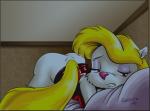 anthro bed blonde_hair bottomless brown_eyes butt clothed clothing female fur furniture hair half-closed_eyes narrowed_eyes raised_tail simple_background solo tail tired white_body white_fur yellow_body yellow_fur escoria animaniacs warner_brothers minerva_mink mammal mink mustelid musteline true_musteline 2010