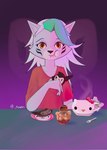 anthro breakfast coffee_mug female food green_hair grey_hair hair makeup solo waffle yellow_eyes kuwsh five_nights_at_freddy's five_nights_at_freddy's:_security_breach hello_kitty_(series) onegai_my_melody sanrio scottgames steel_wool_studios hello_kitty_(character) kuromi my_melody roxanne_wolf canid canine canis demon lagomorph leporid mammal rabbit wolf 2023 digital_media_(artwork) hi_res