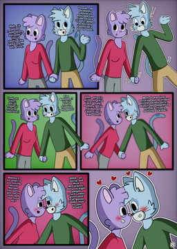 anthro blush boyfriend/girlfriend clothing dialogue duo female freckles fur hair hand_holding happy heart_symbol love male male/female markings nose_to_nose profanity romantic romantic_couple sexual_tension simple_background smile spots spotted_body spotted_fur tail teasing text whiskers eggnaug lucy_(eggnaug) marshall_(eggnaug) domestic_cat felid feline felis mammal 2025 absurd_res colored comic english_text hi_res shaded