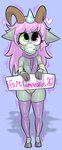 anthro armwear big_eyes birthday clothed clothing female genitals hair hat headgear headwear horn legwear looking_at_viewer male male/female no_underwear partially_clothed party_hat pink_hair pussy scarf simple_background size_difference smaller_female solo stockings text warmers yerolay bitspark_ciplus bovid caprine goat mammal digital_drawing_(artwork) digital_media_(artwork) hi_res spanish_text translated