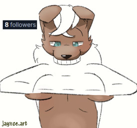 anthro bedroom_eyes blue_eyes breast_drop breasts brown_body brown_fur clothed clothing clothing_lift female flashing flashing_breasts floppy_ears folded_ears follower_number fur hair looking_at_viewer narrowed_eyes seductive shirt shirt_lift smile smug solo standing sweater topwear turtleneck white_hair jaynoedotart canid canine mammal animated frame_by_frame no_sound shaded short_playtime sketch video