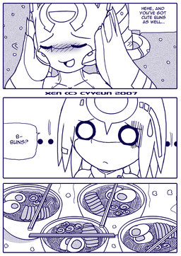 :< anthro blush bowl chopsticks container dialogue duo eyes_closed female food hand_on_own_head hands_on_own_head male noodles o_o open_mouth open_smile ramen ramen_bowl ramen_noodles smile speech_bubble talking_to_another text tongue worried cyyeun xen_(series) izzy_(xen) switch_(xen) alien 2007 artist_name blue_and_white comic dated english_text monochrome