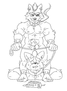 abs anthro balls bdsm biceps black_nose bodily_fluids bowl cigarette collar container cum cum_in_bowl cum_in_container dominant dominant_male duo ear_piercing erection eye_patch eyewear fur genital_fluids genitals hair leash male male/male muscular muscular_male nervous nipples pecs penis pet_bowl petplay piercing puppyplay roleplay simple_background smile smoke smoking submissive submissive_male sweat text vein veiny_penis white_background anothermeekone nintendo star_fox fox_mccloud wolf_o'donnell canid canine canis fox mammal wolf 2016 black_and_white digital_drawing_(artwork) digital_media_(artwork) english_text hi_res monochrome