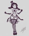 anthro armwear bottomwear breasts cleavage clothed clothing corset dress elbow_gloves female gloves grin hair handwear hat headgear headwear legwear lingerie non-mammal_breasts short_hair skirt smile solo standing thigh_highs topwear sem-l-grim undertale undertale_(series) muffet arachnid arthropod spider 2017 hi_res monochrome sketch