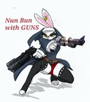 anthro clothing crouching exposed_panties female fur gun handgun holding_gun holding_object holding_ranged_weapon holding_weapon legwear nun nun_outfit panties ranged_weapon revolver solo stockings text thigh_highs underwear weapon white_body white_fur yellow_eyes pace-maker fan_character nun_bun_with_guns lagomorph leporid mammal rabbit english_text hi_res