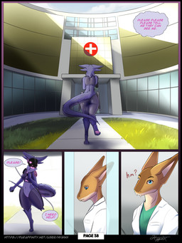 clothing coat dialogue doctor door doorway dramatic_lighting genitals glass_door hospital lab_coat machine pawpads running scrubs surprised text topwear vulva hyginx siri_(hyginx) zael_(hyginx) aquatic canid canine carpet_shark fish ginglymostomatid mammal nurse_shark protogen shark 3:4 comic hi_res