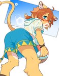 ahoge ankle_tuft anthro arm_tuft ball blue_clothing blue_eyes blue_pupils blue_swimming_trunks blue_swimwear blush bodily_fluids bottomwear brown_ear_tips brown_hair butt butt_focus cheek_tuft clothing countershading dipstick_ears ear_markings elbow_tuft eyebrows facial_tuft furgonomic_bottomwear furgonomics hair inner_ear_fluff knee_tuft leg_tuft lens_flare looking_at_viewer looking_back looking_back_at_viewer low-angle_view male midriff multicolored_ears ponytail pupils shirt shota solo sweat sweatdrop swimming_trunks swimwear t-shirt tail tail_tuft topwear translucent translucent_hair tuft volleyball_(ball) whiskers white_body white_countershading white_eyebrows white_inner_ear_fluff young young_anthro young_male konazarame cygames world_flipper teo_(world_flipper) felid lion mammal pantherine 2023 absurd_res hi_res