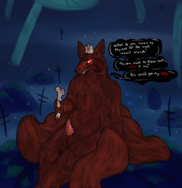 5_tails after_vore anthro balls bone cross_(marking) dialogue ear_scar femur_(bone) flower fur genitals glowing glowing_eyes half-erect lily_pad male multi_tail paper_crown penis plant red_body red_eyes red_fur scar seaside sitting smile smirk solo speech_bubble tail talking_to_viewer teeth text vore water_lily welcometaco cult_of_the_lamb massive_monster_(studio) fox_(cult_of_the_lamb) canid canine fox mammal english_text hi_res
