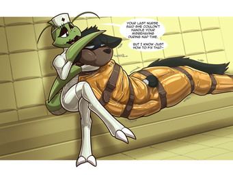 anthro asphyxiation asylum black_body black_fur blue_blush blush chastity_device chokehold clothing cyanosis duo fur hat headgear headwear larger_sub latex male nurse nurse_clothing nurse_hat nurse_headwear nurse_uniform size_difference sleepsack submissive uniform stripedcrocodile mythology edgar_munroe kiba_kurokage arthropod canid canine insect mammal mantis mythological_canine mythological_creature werecanid werecanine werecreature werewolf hi_res