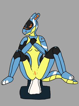 anthro anus blue_body clothed clothing diaper diaper_change embarrassed female genitals glowing glowing_genitalia lying nude nude_female on_back orange_anus orange_vulva presenting presenting_vulva solo vulva wearing_diaper yellow_body paddedsynth elise_(paddedsynth) synth_(vader-san) hi_res
