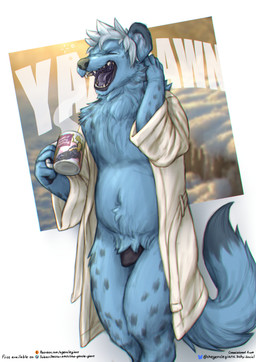 andromorph andromorph_anthro animal_genitalia animal_vulva anthro bathrobe biped black_body black_fur black_vulva blue_body blue_fur canine_genitalia canine_vulva canine_vulva_from_the_front clothing container cup dipstick_tail eyes_closed fur genitals hair holding_container holding_cup holding_mug holding_object intersex intersex_anthro markings mug open_bathrobe open_mouth robe solo spots spotted_body spotted_fur tail tail_markings text vulva white_hair yawn the_gentle_giant kraven_lupei hyena mammal spotted_hyena 2025 absurd_res digital_media_(artwork) english_text hi_res