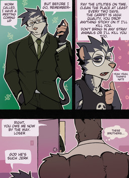 3_panel_comic anthro black_body black_fur bodily_fluids bone box clothed clothing container dialogue duo eyewear fur glasses male muscular open_mouth round_glasses skull skull_head speech_bubble sweat teeth text topwear wearing_glasses king_slabu adrian_(king_slabu) nathan_(king_slabu) nolan_(king_slabu) american_opossum canid canine canis domestic_dog mammal marsupial spirit virginia_opossum comic digital_media_(artwork) english_text hi_res brother_(lore) brothers_(lore) sibling_(lore)