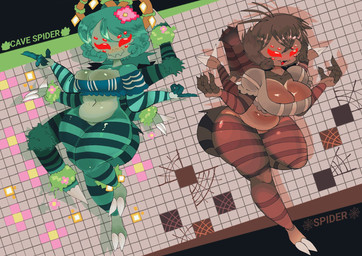 anthro big_breasts bottomless breasts brown_body brown_hair cleavage clothed clothing duo female front_view green_body green_hair hair looking_at_viewer multi_eye navel red_eyes short_hair striped_body stripes thick_thighs wide_hips miaval_tec microsoft minecraft mojang xbox_game_studios arachnid arthropod cave_spider spider spider_(minecraft) hi_res