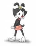 anthro black_body black_fur bottomwear clothing female flower fur gloves hands_together handwear looking_at_viewer open_mouth open_smile plant red_nose simple_background skirt smile solo tongue white_body white_fur sakuramoto animaniacs warner_brothers dot_warner inkblot mammal