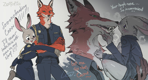 anthro badge black_ears black_nose blush blush_lines brown_ears clothed clothing countershading dipstick_ears ear_markings eyelashes fangs female female_anthro fur green_eyes grey_body grey_ears grey_fur male male_anthro multicolored_body multicolored_ears multicolored_fur orange_body orange_ears orange_fur pink_inner_ear pink_nose police police_badge police_uniform pupils purple_eyes sharp_teeth tan_body tan_countershading tan_fur tan_inner_ear teeth two_tone_ears uniform white_body white_countershading white_fur unoday_studio disney zootopia judy_hopps nick_wilde canid canine european_rabbit fox lagomorph leporid mammal oryctolagus rabbit red_fox true_fox