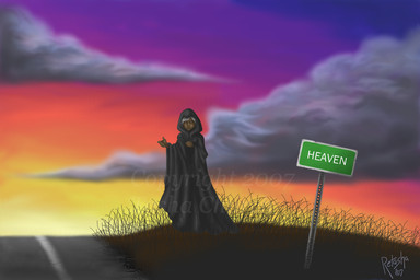 ambiguous_gender cloak clothing cloud gesture grey_hair hair hand_gesture hitchhiking outside road road_sign solo sunset thumbs_up white_eyes wings retasha angel human mammal 2007 3:2 watermark