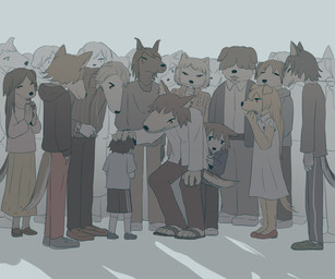 anthro blonde_hair bottomwear brown_body brown_fur brown_hair cigarette clothed clothing dress female footwear fully_clothed fur group hair hand_on_head male sandals shoes simple_background skirt tan_body tan_fur young avogado6 canid canine canis domestic_dog human mammal 2021 6:5 absurd_res hi_res