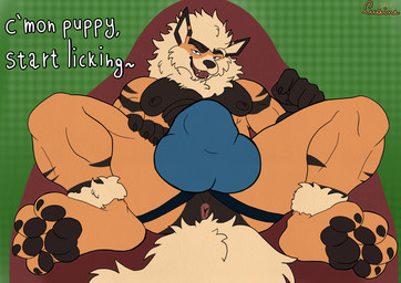 anthro anthrofied black_chest butt fur male orange_body orange_fur paws pokemorph simple_background solo text cuaine_(artist) nintendo pokemon cuaine_(character) arcanine canid canine generation_1_pokemon mammal pokemon_(species) absurd_res hi_res