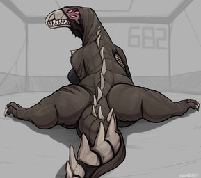 anthro bone breasts claws detailed_background exposed_bone female flexible grey_body inside looking_at_viewer looking_back looking_back_at_viewer multi_eye number pink_eyes pink_sclera pose rear_view scar sharp_teeth skull skull_head solo splits spread_legs spreading teeth keadanger black_betty_(meme) scp_foundation scp-682 scalie hi_res meme