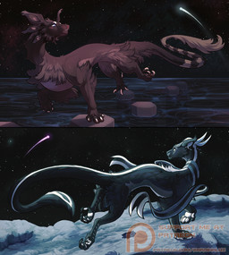 ambiguous_gender black_body black_claws black_fur blue_eyes brown_body brown_fur brown_pawpads claws cosmic_background feral fur glistening glistening_eyes grey_body grey_fur horn markings patreon_logo pawpads shooting_star side_view solo space space_background star striped_markings striped_tail stripes tail tail_markings tail_tuft text tuft water white_body white_claws white_fur white_horn white_pawpads kardinaluz mythology patreon dragon furred_dragon furred_scalie mythological_creature mythological_scalie scalie wingless_dragon full-length_portrait multiple_images portrait url female_(lore)