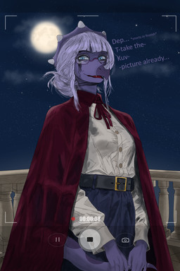 alternate_costume anthro belt biped blue_eyes bottomwear breasts camera_hud clothed clothed_anthro clothed_female clothing cloud dialogue eyewear facial_horn female fingers front_view full_moon glasses grey_hair hair holidays horn humanoid_hands long_hair looking_at_viewer low-angle_view markings medium_breasts moon night non-mammal_breasts open_mouth outside purple_body red_clothing red_robe robe round_glasses shirt skirt sky solo spots spotted_markings star starry_sky tail talking_to_viewer text topwear white_clothing white_shirt white_topwear ryangoslinghorny devlog:_a_post-modern_college_experience halloween abigail_(devlog) centrosaurine ceratopsian ceratopsid dinosaur marginocephalian ornithischian prehistoric_species reptile scalie styracosaurus 2:3 absurd_res colored english_text hi_res shaded