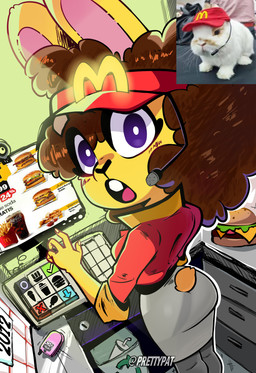anthro blush blush_lines brown_hair butt cellphone clothed clothing electronics female food fries fur hair hamburguer phone purple_eyes solo surprised teeth uniform wide_eyed yellow_body yellow_fur la_tiapat coca-cola mcdonald's pat_(prettypatsusan) lagomorph leporid mammal rabbit 2012 hi_res