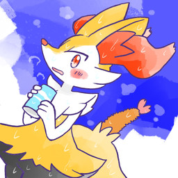 ambiguous_anthro ambiguous_gender anthro beverage beverage_can biped blush blush_stickers bodily_fluids cloud dutch_angle food front_view holding_beverage holding_object looking_at_viewer looking_down looking_down_at_viewer low-angle_view object_in_tail open_mouth open_smile outside shrimp_(food) sky smile snout solo standing steam sweat tail three-quarter_view annyui0611 nintendo pokemon braixen canid generation_6_pokemon mammal pokemon_(species) 1:1 2024 digital_drawing_(artwork) digital_media_(artwork) hi_res japanese_description portrait three-quarter_portrait translated_description