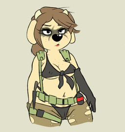 alternate_species anthro anthrofied armwear belt black_nose bodypaint bottomwear bra breasts brown_hair camel_toe clothed clothing elbow_gloves explosives face_paint female freckles fur furrification gloves grenade hair handwear horn navel nipple_outline panties pants pubes simple_background skimpy solo standing tan_background tan_body tan_fur torn_clothing translucent translucent_clothing under_boob underwear utility_belt weapon sprockeyart konami metal_gear maggie_hudson quiet_(metal_gear) bovid bovine cattle mammal 2015