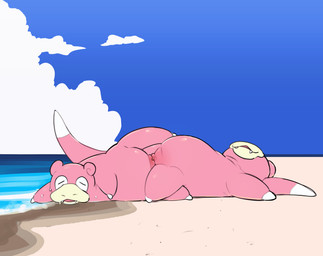 beach bodily_fluids clitoris cloud cute_fangs detailed_background duo eyes_closed fangs female female/female feral genitals lying on_back on_side open_mouth outside pink_body quadruped sea sex shore sweat tail teeth tribadism vaginal vulva water dodudoru nintendo pokemon generation_1_pokemon pokemon_(species) slowpoke 2025 digital_media_(artwork) hi_res