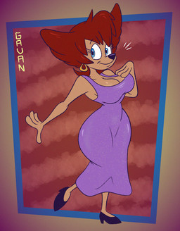 abstract_background anthro big_breasts black_nose blue_eyes breasts cleavage clothed clothing dress ear_piercing ear_ring female footwear fur hair hand_on_breast high_heels piercing purple_clothing purple_dress red_hair ring_piercing shoes solo tan_body tan_fur walking wide_hips gavanzude disney goof_troop peg_pete domestic_cat felid feline felis mammal alternate_version_at_paywall digital_drawing_(artwork) digital_media_(artwork) hi_res signature