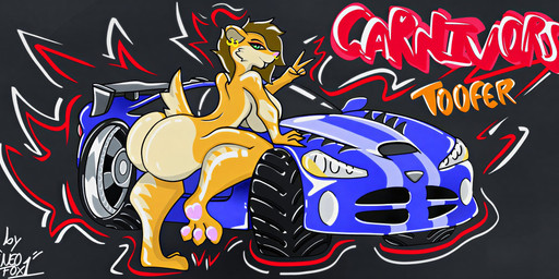 anthro big_breasts big_butt breasts brown_hair butt car cartoon_eyes ear_piercing ear_ring facial_piercing female fur gesture graffiti hair hand_gesture leaning_against_car leaning_on_car looking_at_viewer mohawk nose_piercing nose_ring nude orange_body orange_fur pawpads paws piercing pink_pawpads raised_tail ring_piercing septum_piercing septum_ring short_tail solo tail teeth toony v_sign vehicle neofox1 dodge_viper toofer felid mammal prehistoric_species saber-toothed_tiger digital_drawing_(artwork) digital_media_(artwork) hi_res