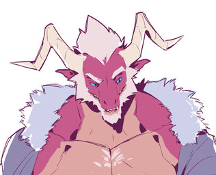 2_horns anthro beard blue_clothing blue_sclera blue_topwear clothed clothed_anthro clothed_male clothing countershade_face countershade_neck countershade_torso countershading eyebrows facial_hair front_view grey_beard grey_eyebrows grey_facial_hair grey_hair hair head_horn horn looking_down male multicolored_body open_mouth open_smile pointy_ears red_body red_tongue simple_background smile snout solo tan_body tan_countershading teeth tongue tongue_showing topwear trapezius two_tone_body white_background kingarthur_i mythology dragon mythological_creature mythological_scalie scalie wingless_dragon 2024 aliasing binary_drawing bust_portrait digital_drawing_(artwork) digital_media_(artwork) hi_res portrait