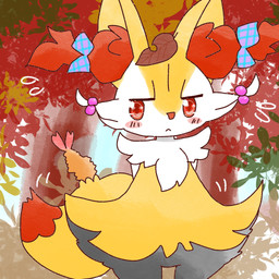 :< accessory ambiguous_anthro ambiguous_gender anthro biped blush bodily_fluids bow_ribbon detailed_background dipstick_tail emanata featureless_crotch flying_sweatdrops food front_view hair_accessory hair_bow hair_ribbon hands_behind_back leaf leaf_on_head markings object_in_tail outside ribbons shrimp_(food) solo standing sweat sweatdrop tail tail_markings thigh_gap annyui0611 nintendo pokemon braixen canid generation_6_pokemon mammal pokemon_(species) 1:1 2022 digital_drawing_(artwork) digital_media_(artwork) hi_res japanese_description portrait three-quarter_portrait translated_description