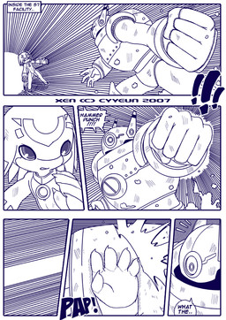 anthro armor attack dialogue duo exclamation_point facial_markings fight forehead_markings head_markings machine male markings onomatopoeia punch serious sound_effects teeth text cyyeun xen_(series) switch_(xen) robot robot_anthro 2007 artist_name blue_and_white comic dated english_text monochrome