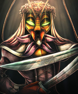 antennae_(anatomy) anthro biped brown_body clothed clothing dual_wielding duo female green_eyes holding_object holding_weapon light looking_at_viewer male melee_weapon open_mouth reflection sunlight sword weapon wolfiiburr_(artist) bug_fables moonsprout_games hoaxe_(bug_fables) queen_elizant_ii_(bug_fables) ant arthropod hymenopteran insect wasp 2023 5:6 absurd_res colored hi_res signature