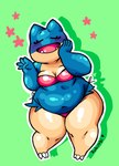 2019 3_toes 5_fingers anthro bikini blue_body blue_fur blush breasts claws cleavage clothed clothing countershade_face countershade_legs countershading cute_fangs eyelashes eyes_closed feet female fingers full-length_portrait fur generation_4_pokemon glistening glistening_body hand_on_cheek mammal munchlax navel nintendo open_mouth open_smile pokemon pokemon_(species) portrait robirobi slightly_chubby slightly_chubby_anthro slightly_chubby_female smile solo standing swimwear thick_thighs toe_claws toes tongue wide_hips