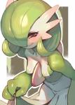 blush breasts collarbone female green_hair hair hair_over_eye half-closed_eyes leaning leaning_forward looking_at_viewer narrowed_eyes nipples not_furry one_eye_obstructed pseudo_clothing red_eyes short_hair small_breasts smile solo standing glo-s-s nintendo pokemon gardevoir generation_3_pokemon pokemon_(species) hi_res