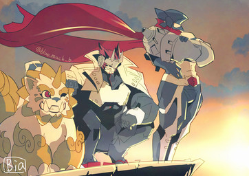 armor crossed_arms feral group headgear helmet male mask scarf trio blue_mach_b bandai_namco digimon digimon_(species) gankoomon humanoid justimon shiisamon