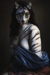 anthro black_body black_fur black_stripes breasts clothed clothing covering covering_self detailed_background female fur green_eyes hair long_hair looking_at_viewer natural_breasts nude partially_clothed solo stripes white_body white_fur renebe microsoft the_elder_scrolls shivvra felid khajiit mammal pantherine tiger absurd_res digital_media_(artwork) digital_painting_(artwork) hi_res