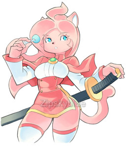 anthro blue_eyes candy dessert female food fur lollipop pink_body pink_fur small_waist solo weapon wide_hips zipskyblue meredith_(zipskyblue) felid feline mammal