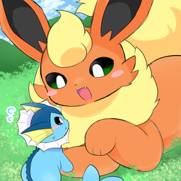 ambiguous_feral ambiguous_gender black_inner_ear black_sclera blue_body blue_tail blush blush_stickers cloud cute_fangs day duo ear_fins fangs feral fin fluffy fluffy_tail frill_(anatomy) fur grass green_sclera head_fin head_tuft kemono larger_ambiguous larger_feral looking_at_another macro monotone_tail multicolored_body multicolored_fur neck_frill neck_tuft open_mouth open_smile orange_body orange_ears orange_fur outside plant quadruped size_difference sky smaller_ambiguous smaller_feral smile tail teeth tuft two_tone_body two_tone_fur white_eyes yellow_body yellow_fur yellow_tail unimaru nintendo pokemon aquatic eeveelution flareon generation_1_pokemon mammal pokemon_(species) vaporeon 1:1 2026 colored digital_media_(artwork) shaded simple_shading
