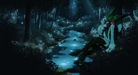 anthro claws forest grass light moonlight nails night pawpads paws plant red_eyes river tree water adetuddymax nintendo pokemon generation_9_pokemon meowscarada pokemon_(species) hi_res
