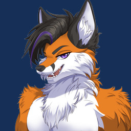 anthro black_body black_fur black_hair black_markings black_nose chest_tuft fur hair highlights_(coloring) looking_at_viewer male markings open_mouth orange_body orange_fur purple_eyes purple_hair purple_highlights sharp_teeth solo teeth tuft white_body white_fur altaluna skyler_(skylervulpine) canid canine fox mammal red_fox true_fox 1:1 absurd_res alpha_channel hi_res